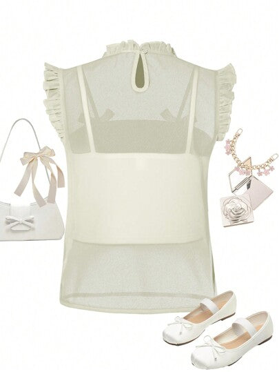 SHEIN Explorewe تي شيرت مصمم بخطوط شبكية طبقية أبيض للفتيات المراهقات للصيف