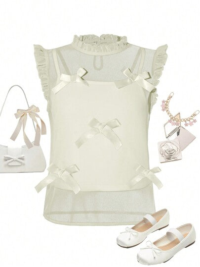 SHEIN Explorewe تي شيرت مصمم بخطوط شبكية طبقية أبيض للفتيات المراهقات للصيف