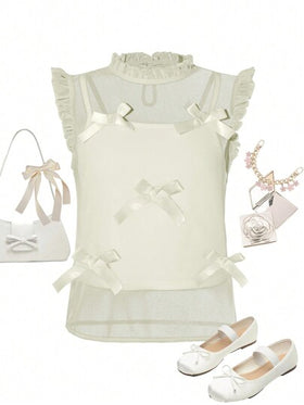 SHEIN Explorewe تي شيرت مصمم بخطوط شبكية طبقية أبيض للفتيات المراهقات للصيف