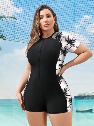 Swim SPRTY بذلة سباحة قطعة واحدة بطبعة شجرة جوز الهند واللون المتباين للمقاسات الكبيرة