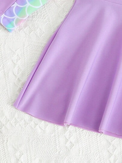 SHEIN فستان بناتي جميل مطبوع بطبعة قشور المرأة الغنائية، 2 قطع ملابس علوية كم طويل وبنطلون طويل