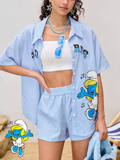 X The Smurfs قميص مخطط كاجوال مطبوع بشكل كرتوني أكمام قصيرة للنساء ، صيفي