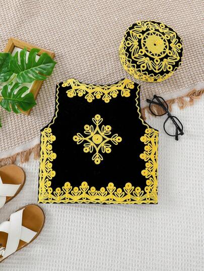 مجموعة السترة المطرزة باليد بالكامل برسوم جرافيكية للطفل الرضيع بتصميم رجعي من قطعتين (سترة + قبعة)، ألبسة اطفال، ألبسة أطفال صغار، أطقم بيبي، ملابس علوية بيبي، ملابس علوية بيبي ولد، مقاس من 6 أشهر إلى 3 سنوات