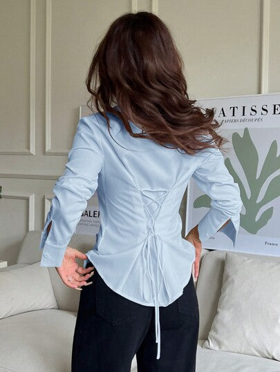 EZwear بلوزة كاجوال للسيدات طويلة الأكمام ذات لون أحادي مع زر أمامي