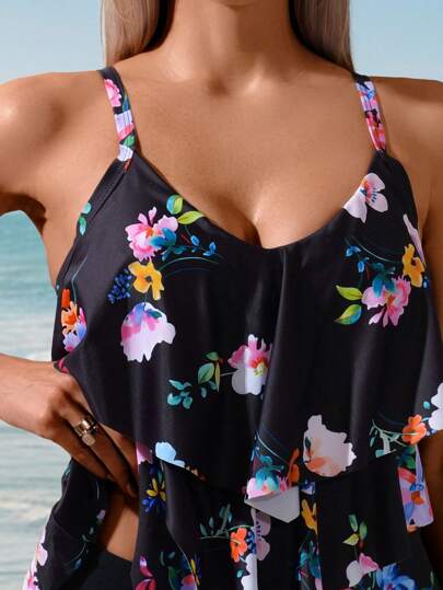 طقم تانكيني حريمي Swim Lushoire مجموعة قميص كامي بتصميم منفوش مطبوع بألوان متعددة للنساء ، أزياء صيفية للشاطئ والعطلات