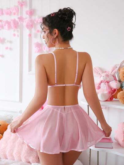 PetitDoll مجموعة تتكون من 3 قطع تنورة مكشكشة بكشكشة زهرية رومانسية وملابس داخلية، جذابة وجريئة