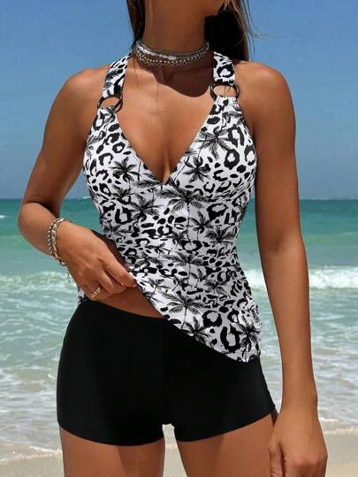 طقم تانكيني حريمي Swim Lushoire مجموعة من قطعتين ملابس سباحة للنساء ،ملابس سباحة للعطلات مع زخرفة دائرية ، ياقة على شكل حرف V، ظهر متقاطع، شورت بطبعات زهور ، مريح وكاجوال