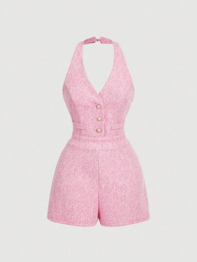 SHEIN MOD جمبسوت قصيرة وردية تحمل أزرار درر بياقة على شكل حرف V بدون أكمام