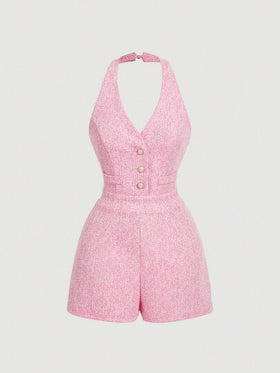 SHEIN MOD جمبسوت قصيرة وردية تحمل أزرار درر بياقة على شكل حرف V بدون أكمام