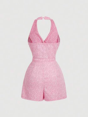 SHEIN MOD جمبسوت قصيرة وردية تحمل أزرار درر بياقة على شكل حرف V بدون أكمام