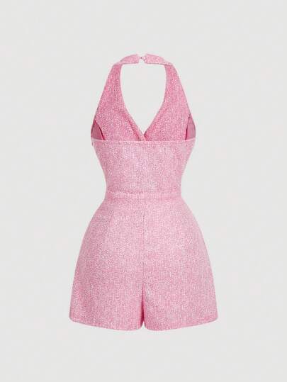 SHEIN MOD جمبسوت قصيرة وردية تحمل أزرار درر بياقة على شكل حرف V بدون أكمام