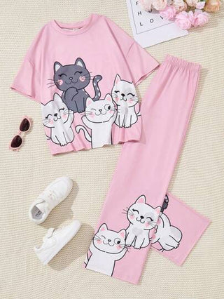 girls-sets مجموعة تي شيرت وبنطلون فضفاض لفتيات المراهقات الصغيرات 2 قطعة ، بتصميم مريح وهادئ مع طبعات قطة ، باللون الوردي