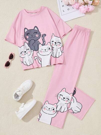 girls-sets مجموعة تي شيرت وبنطلون فضفاض لفتيات المراهقات الصغيرات 2 قطعة ، بتصميم مريح وهادئ مع طبعات قطة ، باللون الوردي
