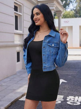 Essnce جاكيت جينز كاجوال طويلة الأكمام أحادية الصدر للنساء