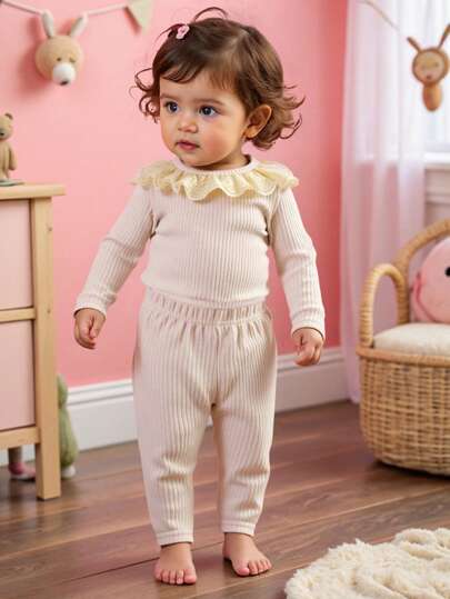 طقم بنطلون وبلوزة كاجوال ناعمة مع ياقة مستديرة وأكمام طويلة للرضع البنات، مناسب للأنشطة الداخلية والخارجية في فصلي الربيع والخريف، قطعتان