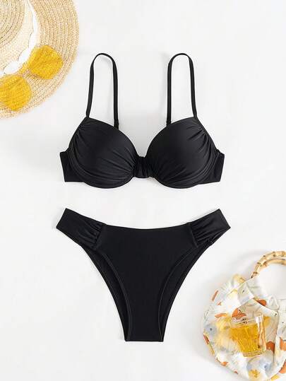 Swim SPRTY مجموعة ملابس شاطئية للنساء 2 قطع للصيف - بكيني علوي مجعد مع سلك داعم والبكيني السفلي، ملابس سباحة سوداء جذابة
