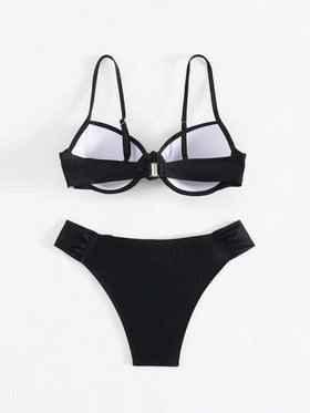 Swim SPRTY مجموعة ملابس شاطئية للنساء 2 قطع للصيف - بكيني علوي مجعد مع سلك داعم والبكيني السفلي، ملابس سباحة سوداء جذابة
