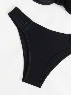 Swim SPRTY مجموعة ملابس شاطئية للنساء 2 قطع للصيف - بكيني علوي مجعد مع سلك داعم والبكيني السفلي، ملابس سباحة سوداء جذابة