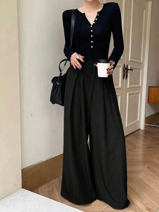 Strévra سراويل نسائية ذات خصر عالي بتصميم واسع الساق مطوية مزودة بجيوب، موضة 2000