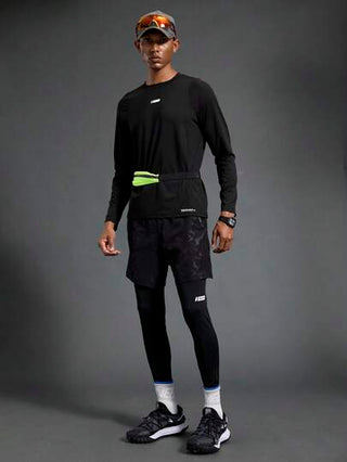 Manfinity Sport Polished تي شيرت رياضي طويل الأكمام بياقة دائرية للرجال بطبعات هندسية