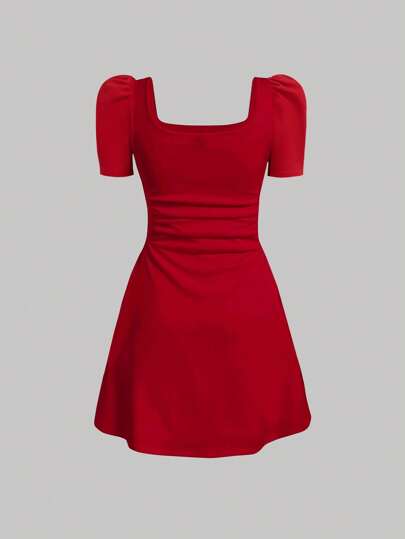 SHEIN فستان قصير أزرق دون أكمام للبنات المراهقات، ذو رقبة مربعة وأكمام منفوخة ملائم للارتداء اليومي، المناسبات الرسمية، حفلات الأعياد أو الحفلات الأنيقة