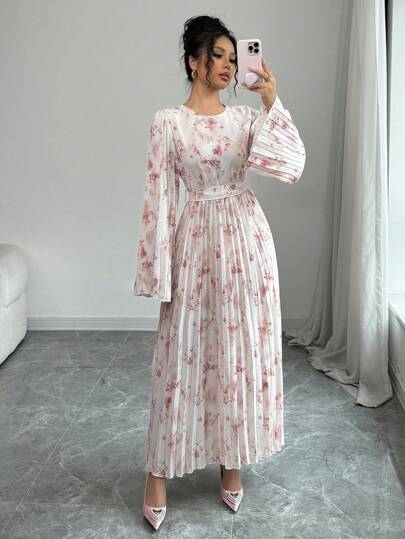 فساتين حريمي Modelyn فستان بياقة مستديرة وأكمام طويلة بخصر رباط مضفور للنساء، لون وردي