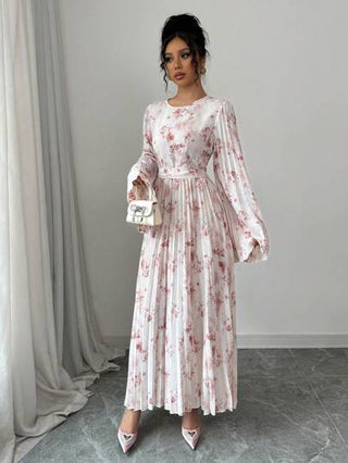 فساتين حريمي Modelyn فستان بياقة مستديرة وأكمام طويلة بخصر رباط مضفور للنساء، لون وردي