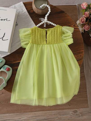 فساتين بيبي Glamorique Kids فستان طفلة صيفي كوري طراز أنيق, ألوان مكعبة, مزين بالكشكشة والشبكة مع فيونكة 3D