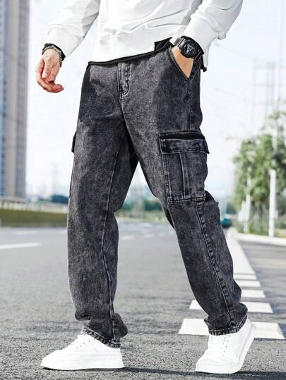 Manfinity Homme بنطلون جينز بجيوب جانبية وكسرات للرجال، بنطلون جينز كاكي مستقيم الساق اللون الرمادي الغامق المغسول، هدية للزوج أو الصديق