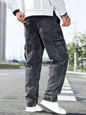 Manfinity Homme بنطلون جينز بجيوب جانبية وكسرات للرجال، بنطلون جينز كاكي مستقيم الساق اللون الرمادي الغامق المغسول، هدية للزوج أو الصديق