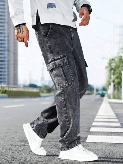 Manfinity Homme بنطلون جينز بجيوب جانبية وكسرات للرجال، بنطلون جينز كاكي مستقيم الساق اللون الرمادي الغامق المغسول، هدية للزوج أو الصديق