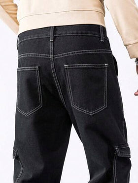 Manfinity Homme بنطلون جينز قطن للرجال مناسب لجميع المواسم، بخياطة تباين، بنطلون جينز كارجو أسود عادي، بنطلون جينز كارجو أسود مغسول طويل مستقيم، هدايا للزوج والصديق، للخروج الحضري والعمل والإجازة، غرانج