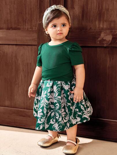 ملابس علوية مطرزة بالأزهار وتنورة قصيرة ملابس بنات 2 قطع، أنيقة للصيف