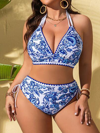 Swim Lushoire 2 طقم بكيني مع رسم عشوائي مطبوع بطراز صيني للسيدات بحجم كبير - رقبة على شكل حرف V وخصر مرفوع بسحاب، مناسب لأوقات الاستجمام الشاطئيات والعطلات الصيفية