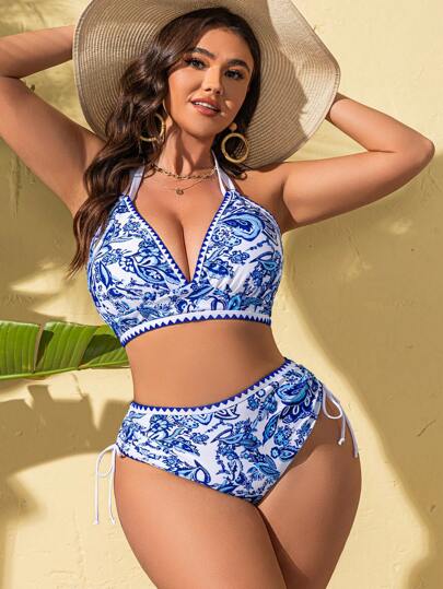 Swim Lushoire 2 طقم بكيني مع رسم عشوائي مطبوع بطراز صيني للسيدات بحجم كبير - رقبة على شكل حرف V وخصر مرفوع بسحاب، مناسب لأوقات الاستجمام الشاطئيات والعطلات الصيفية