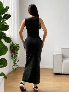 SHEIN EZwear فستان ضيق بأسلوب مشوه مغسول بالحمض بياقة مستديرة بدون أكمام