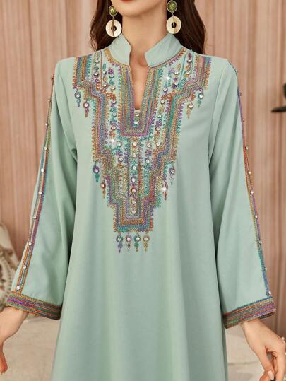 Al Najma عباءة حريمي فضفاضة مطرزة بأناقة وزينة بالراين، كفتان محتشم