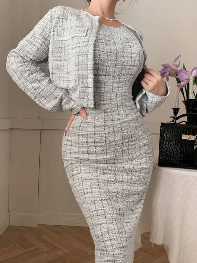 DAZY طقم فستان وجاكيت مكون من قطعتين للنساء، مزين بخرز مزيف ثلاثي الأبعاد، مربعات منقوشة ، مظهر أنيق لسهرة المواعدة