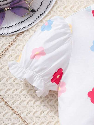 girls sets طقم من 2 قطعة بنطلون وسترة كنزة مطبوعة بزهور أنيقة مناسبة للفتيات القليلات العمر، طقم صيفي