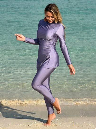 طقم تانكيني حريمي Swim Shayni مجموعة من الملابس السباحة المحتشمة المكونة من ملابس علوية طويل الأكمام مطوي أنيق واسع القدمين، مصممة للمرأة المحافظة والرشيقة للاستخدام في شاطئ الصيف والعطلات