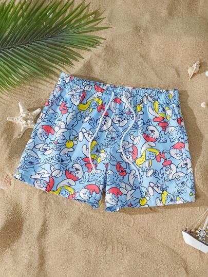 SHEIN X The Smurfs شورت كاجوال للرجال فضفاض منسوج مطبوع بالكرتون على السطح الأزرق، للشاطئ الهاواي