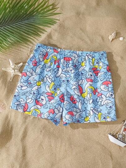 SHEIN X The Smurfs شورت كاجوال للرجال فضفاض منسوج مطبوع بالكرتون على السطح الأزرق، للشاطئ الهاواي