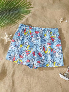 SHEIN X The Smurfs شورت كاجوال للرجال فضفاض منسوج مطبوع بالكرتون على السطح الأزرق، للشاطئ الهاواي