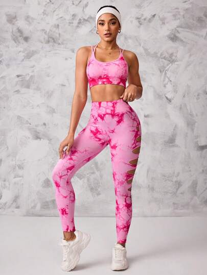 SHEIN Sport Studio مجموعة رياضة للنساء 2 قطعة، من مواد ماصة للرطوبة وقابلة للتنفس، صدرية رياضية بحمالات متقاطعة + بناطيل بلوحات شبكية، بطبعة زهور، خالية من الغرز، بزي رياضي للنساء للياقة البدنية والرقص