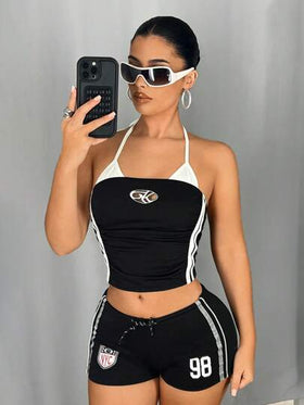 SHEIN ICON ملابس علوية أنبوبي بدون أكمام بربطة عنق ولون متباين، نمط رياضي للاستخدام اليومي للنساء، ملابس نسائية لاطلالة كاجوال وخروج أو جيم