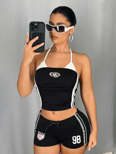 SHEIN ICON ملابس علوية أنبوبي بدون أكمام بربطة عنق ولون متباين، نمط رياضي للاستخدام اليومي للنساء، ملابس نسائية لاطلالة كاجوال وخروج أو جيم