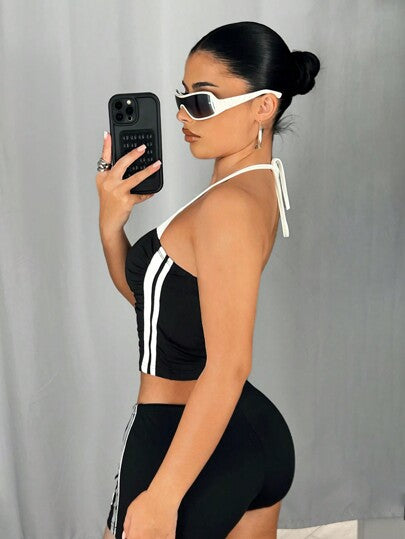 SHEIN ICON ملابس علوية أنبوبي بدون أكمام بربطة عنق ولون متباين، نمط رياضي للاستخدام اليومي للنساء، ملابس نسائية لاطلالة كاجوال وخروج أو جيم