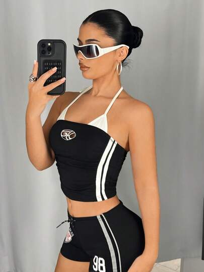 SHEIN ICON ملابس علوية أنبوبي بدون أكمام بربطة عنق ولون متباين، نمط رياضي للاستخدام اليومي للنساء، ملابس نسائية لاطلالة كاجوال وخروج أو جيم