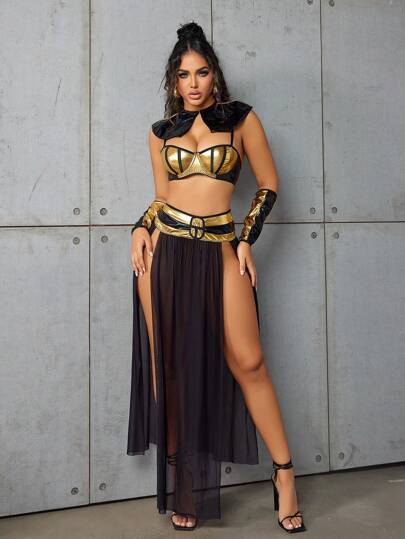طقم تانكيني حريمي Fantasy Costume مجموعة لباس نسائية (صدرية، تنورة، شال، 2 قفاز، قطعة رأس)
