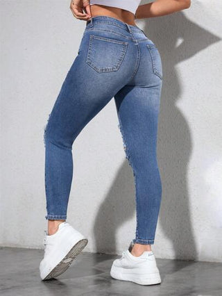 PETITE سروال جينز نسائي ضيق ممزق مع جيوب، متعدد الاستخدامات، كاجوال